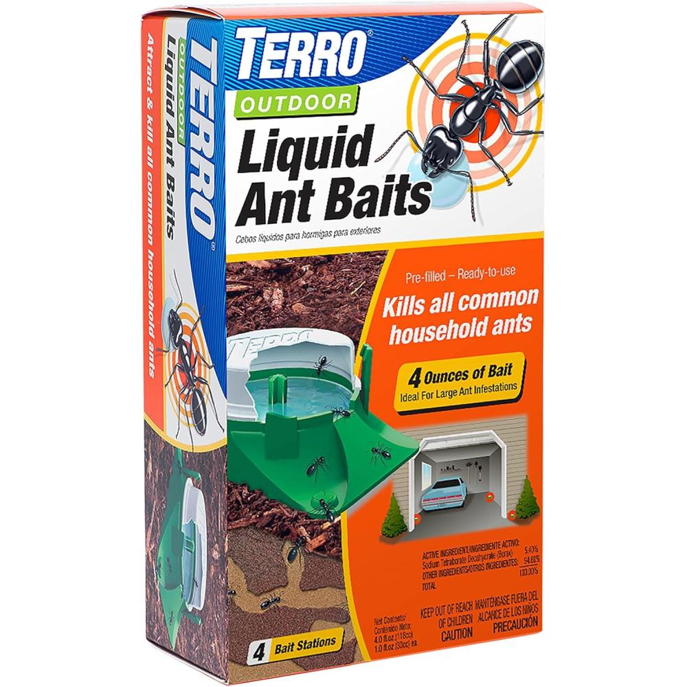 imageTERRO T18046 Outdoor ReadytoUse Liquid Ant Bait Killer and Trap  Kills Common Household Ants  4 Bait Stations4 Bait Stations